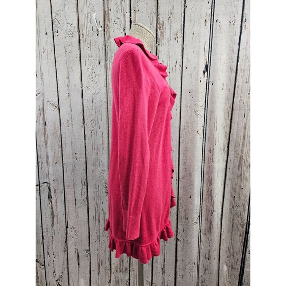 Women's M Magaschoni Cashmere Ruffle Open Front Cardigan Sweater Preppy Pink EUC - Picture 3 of 8